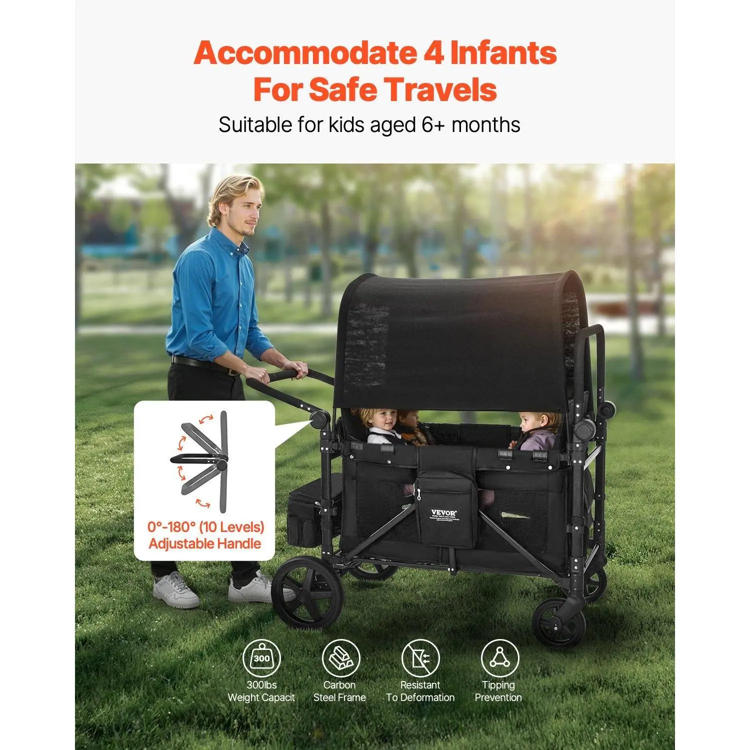 Cochecito plegable para 4 niños, de empuje y tracción, con capacidad de 330 libras