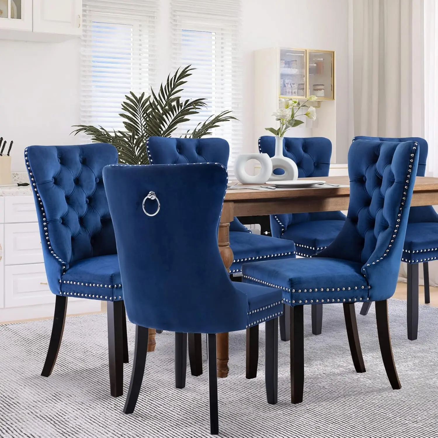 Juego de 6 sillas de comedor de terciopelo, respaldo alto, tapizadas modernas de alta gama con capitoné y aro abotonado, patas de madera maciza.