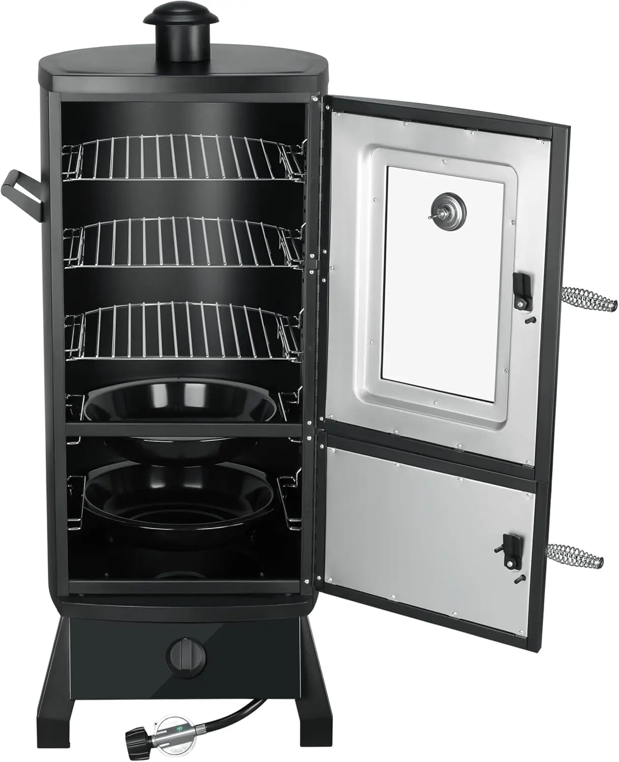 Ahumador vertical de propano con tapa, parrilla para barbacoa, tres estantes extraíbles, control de temperatura, acero de aleación