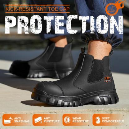 Zapatos de trabajo ligeros de color marrón con puntera de acero, antideslizantes, resistentes a salpicaduras, a impactos y a perforaciones, y transpirables.