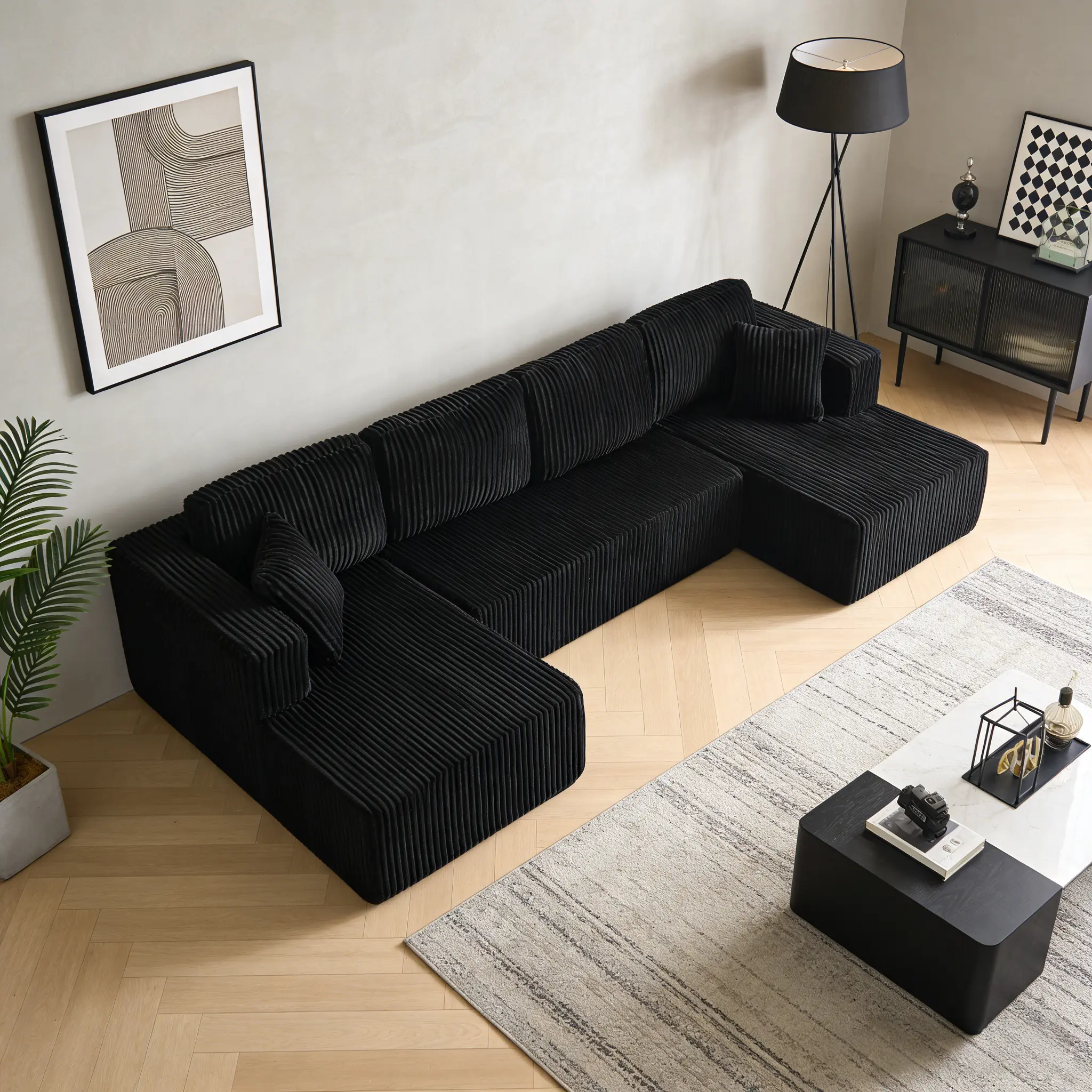 [Envío de 3 o 2 paquetes] [Sofá seccional] Sofá seccional modular en forma de U, tela de pana comprimida, sofá cama de estilo moderno para sala de estar, diseño reclinable que ahorra espacio - Sofá seccional convertible de pana