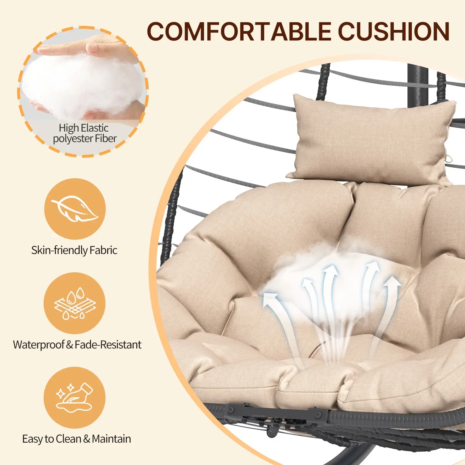 Sillón Colgante Doble de Mimbre (Estilo Huevo) para 2 Personas — Plegable y con Soporte — Banco Colgante para Patio, Balcón, Porche, Interiores y Exteriores