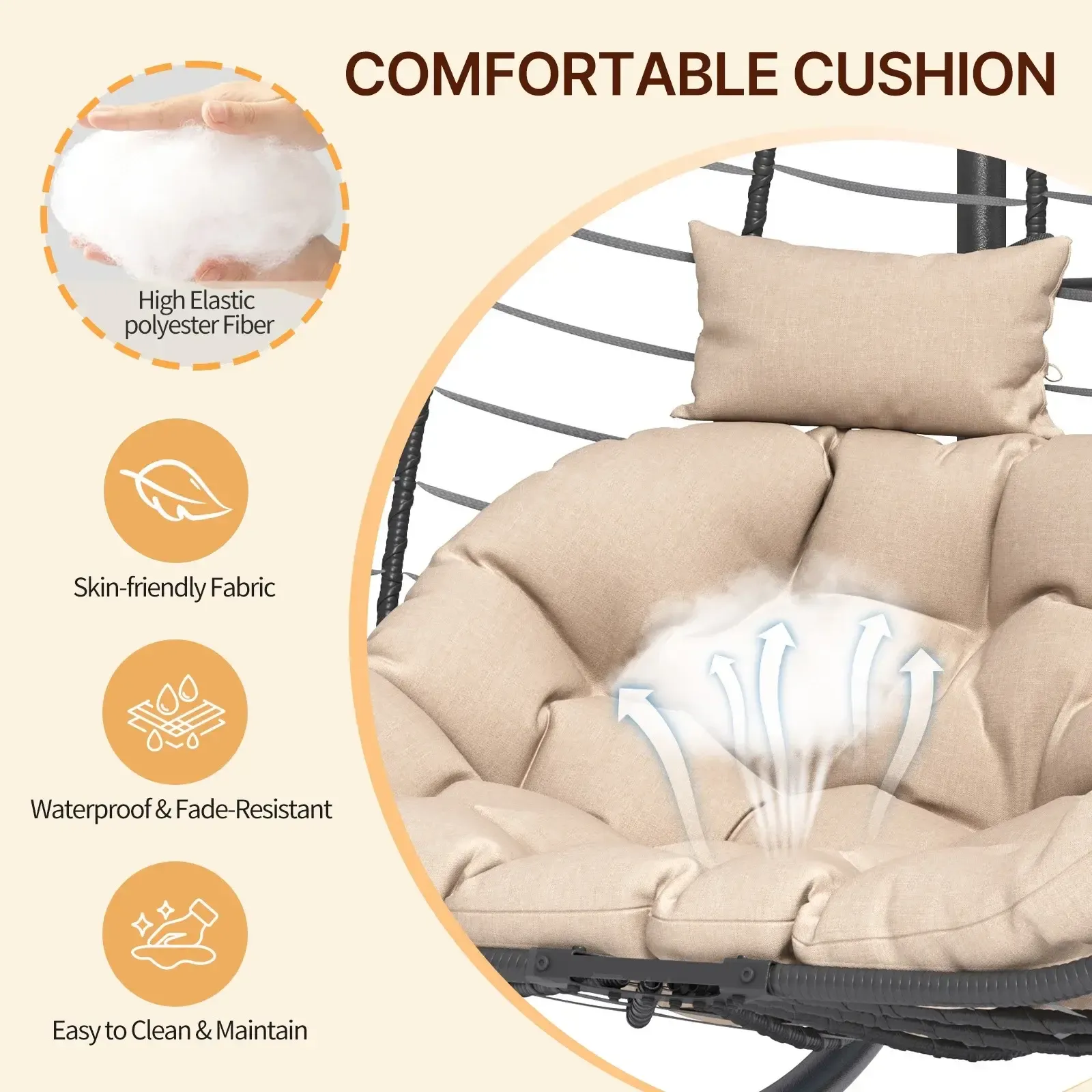 Sillón Colgante Doble de Mimbre (Estilo Huevo) para 2 Personas — Plegable y con Soporte — Banco Colgante para Patio, Balcón, Porche, Interiores y Exteriores