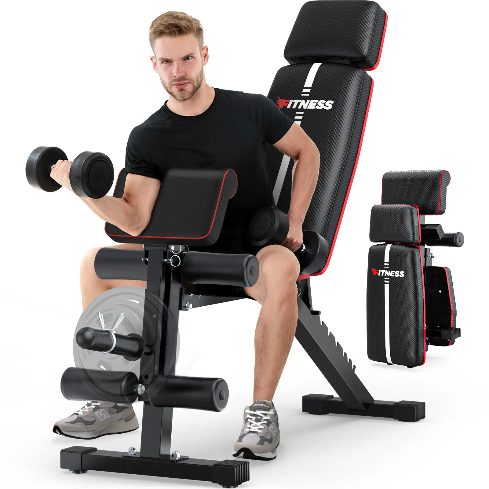 Banco de pesas plegable, capacidad de carga de 880 lb (los discos de peso no están incluidos). Banco de entrenamiento para press de banca en gimnasio en casa; equipo de ejercicio con posiciones de inclinación, declinación y abdominales, que incluye extens