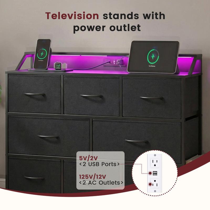 Cómoda Sweetcrispy con 8 cajones de tela, tomas de corriente y luz LED — Mueble de almacenamiento multifuncional y soporte para TV, ideal para dormitorio, sala de estar, oficina o pasillo.