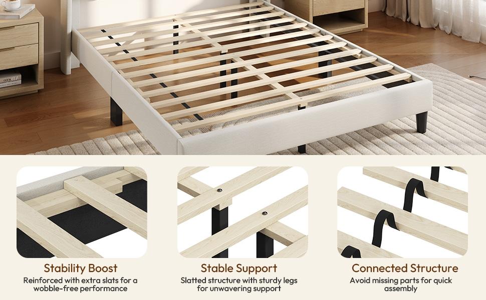 Yaheetech Linen Fabric /Velvet Upholstered Bed Frame Full/Queen/King with Wooden Slat Support, No Box Spring Needed, Durable Construction, Easy Assembly Furniture Bedroom Beige Headboard