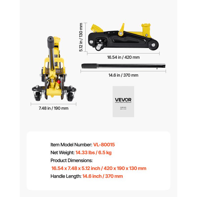 Gato de piso de perfil bajo, capacidad de 1,5 toneladas (3300 lb), gato de piso de acero para carreras con bomba de elevación rápida de un solo pistón, elevador hidráulico para autos deportivos y sedanes, rango de elevación de 5,1 a 12,2 pulgadas.