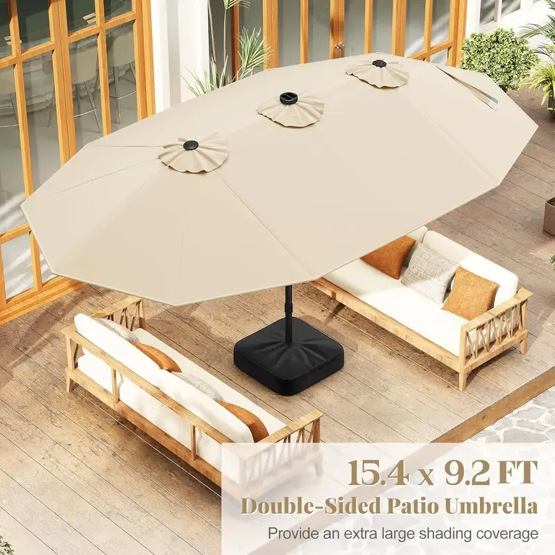 Sombrilla solar para patio de 15 pies con base — Sombrilla doble extra grande para exteriores, con 36 luces LED y manivela; ideal para jardín, terraza, piscina y patio.
