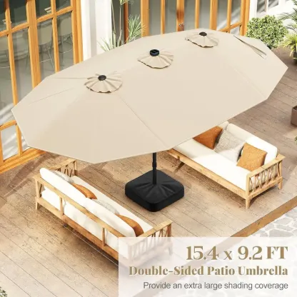 Sombrilla solar para patio de 15 pies con base — Sombrilla doble extra grande para exteriores, con 36 luces LED y manivela; ideal para jardín, terraza, piscina y patio.