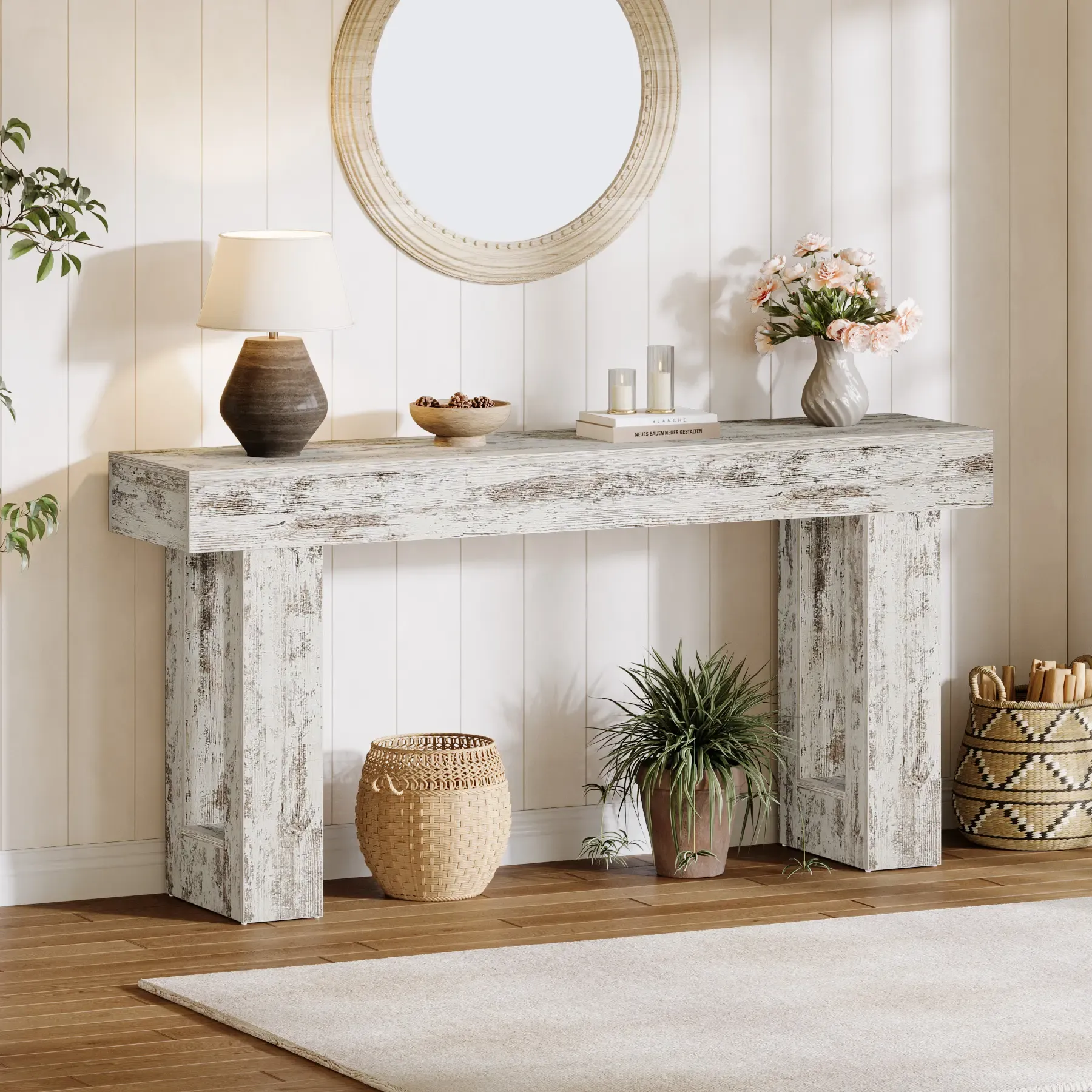 Mesa consola de 160 cm de largo, mesa rectangular de madera para sofá, mesa de entrada rústica para entrada, pasillo y sala de estar (natural) moderna.
