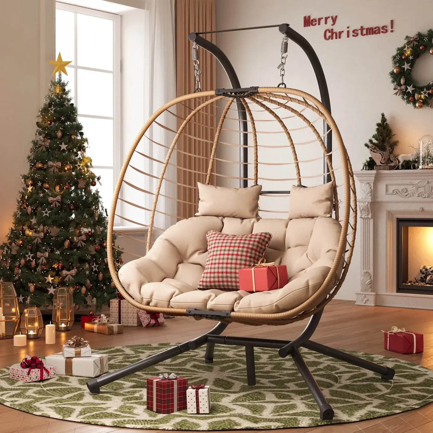 Sillón Colgante Doble de Mimbre (Estilo Huevo) para 2 Personas — Plegable y con Soporte — Banco Colgante para Patio, Balcón, Porche, Interiores y Exteriores