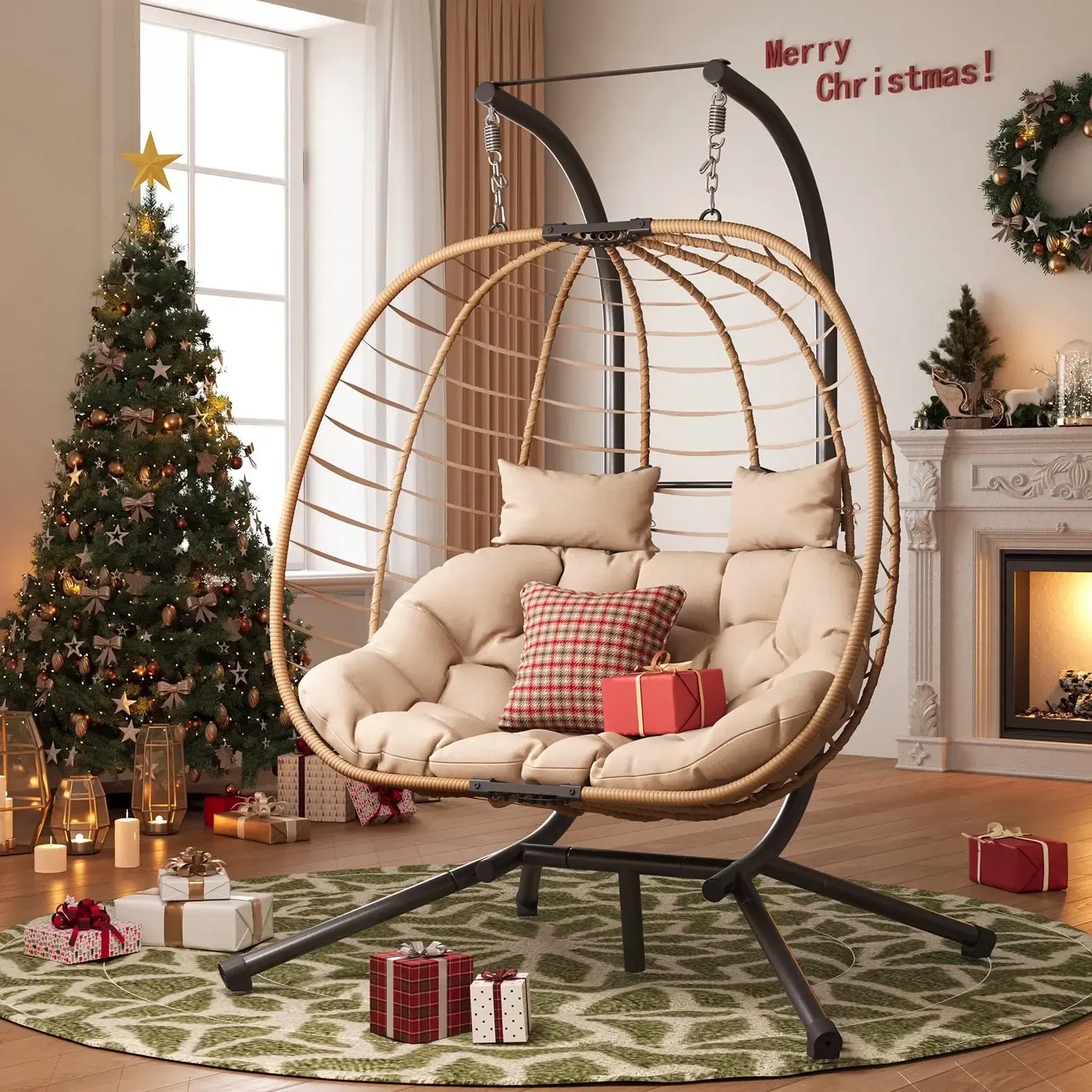 Sillón Colgante Doble de Mimbre (Estilo Huevo) para 2 Personas — Plegable y con Soporte — Banco Colgante para Patio, Balcón, Porche, Interiores y Exteriores