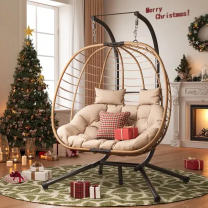 Sillón Colgante Doble de Mimbre (Estilo Huevo) para 2 Personas — Plegable y con Soporte — Banco Colgante para Patio, Balcón, Porche, Interiores y Exteriores