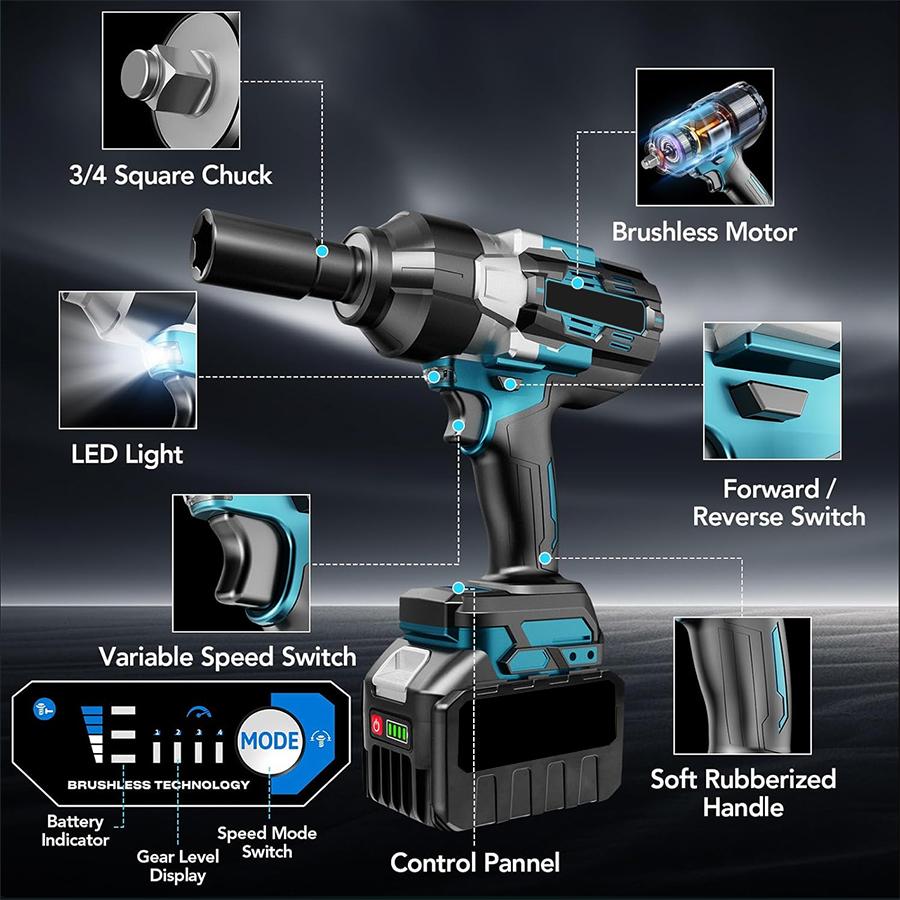 750N.m Cordless Impact Wrench, All-Metal Cordless Impact Gun with 2 * 3.0Mah, 3-IN-1 Electric Impact Wrench with 5 Sleeves, High Torque 1/2 Impact Wrench