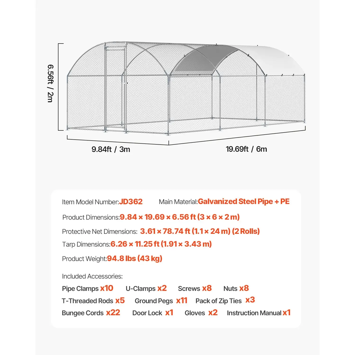 Gallinero metálico de 9.8 x 19.3 x 6.5 pies — Amplio corral transitable con cubierta, recinto para gallinas con techo abovedado y cerradura de seguridad; jaula exterior para patos, conejos y aves de corral, ideal para patios traseros, granjas y jardines.