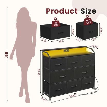Cómoda Sweetcrispy con 8 cajones de tela, tomas de corriente y luz LED — Mueble de almacenamiento multifuncional y soporte para TV, ideal para dormitorio, sala de estar, oficina o pasillo.