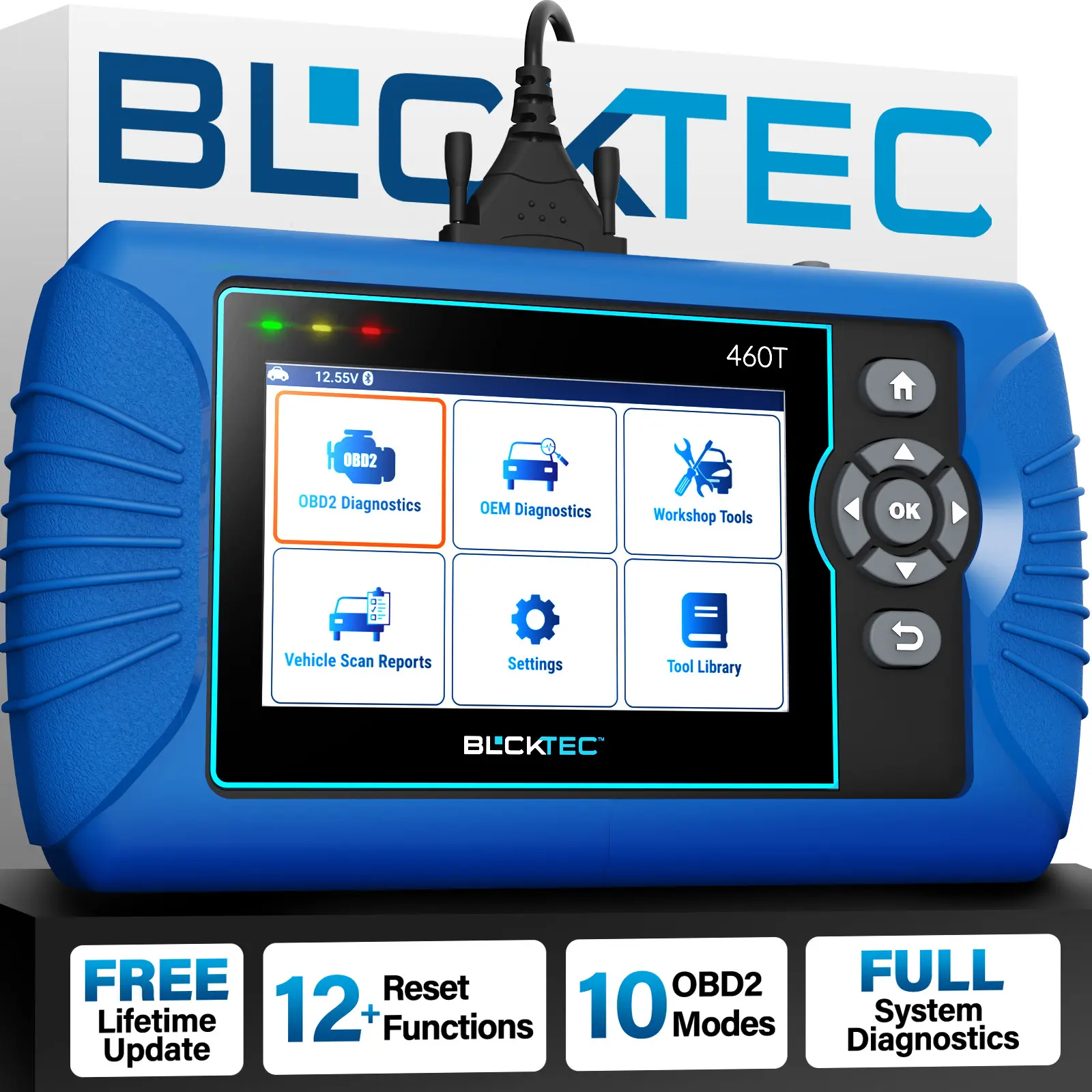 Escáner OBD2 BLCKTEC 460T con 12 servicios de reinicio: escaneo de motor/ABS/SRS/transmisión, reinicio de aceite/TPMS/EPB/SAS/DPF, purgado de ABS, VIN automático y actualizaciones gratuitas.
