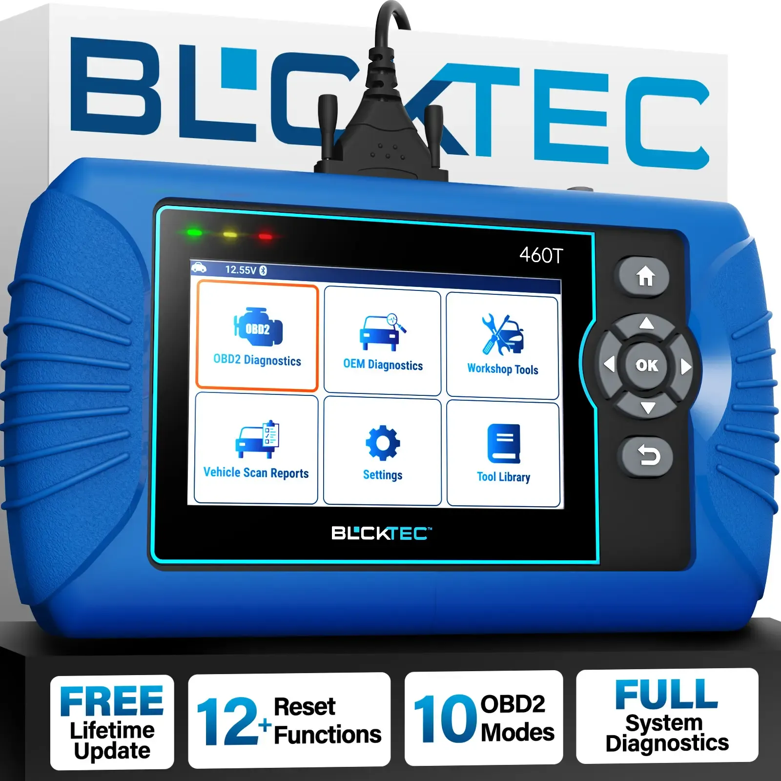 Escáner OBD2 BLCKTEC 460T con 12 servicios de reinicio: escaneo de motor/ABS/SRS/transmisión, reinicio de aceite/TPMS/EPB/SAS/DPF, purgado de ABS, VIN automático y actualizaciones gratuitas.
