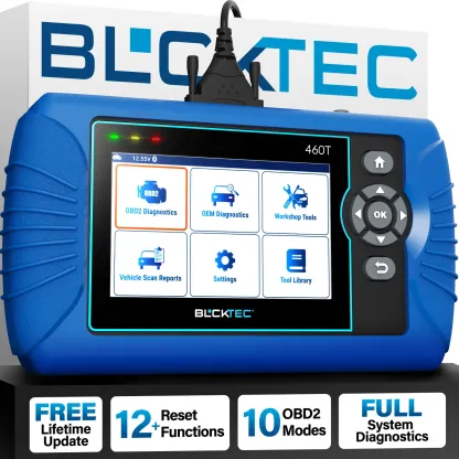 Escáner OBD2 BLCKTEC 460T con 12 servicios de reinicio: escaneo de motor/ABS/SRS/transmisión, reinicio de aceite/TPMS/EPB/SAS/DPF, purgado de ABS, VIN automático y actualizaciones gratuitas.