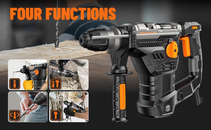 DOVAMAN RH15A 1-9/16'' SDS-Plus Rotary Hammer Drill, 4 Functions in One Knob, Safety Clutch, 6 Speeds, 4350BPM / 900RPM, Fit for Concrete, Wood, Steel