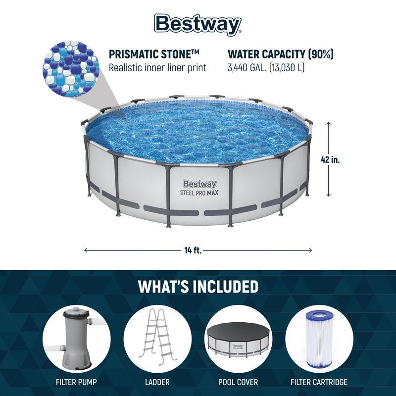 Piscina redonda desmontable Bestway Steel Pro MAX para exteriores con bomba, de 30 a 42 pulgadas de profundidad