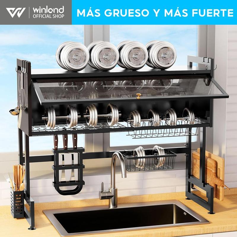 Escurridor De Trastes Acero Inoxidable 85cm Negro con Puertas Abatibles y Soporte para Cuchillos Antimanchas de Aceite y A Prueba de Polvo