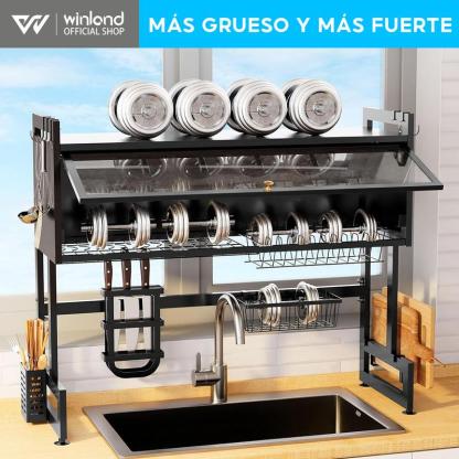 Escurridor De Trastes Acero Inoxidable 85cm Negro con Puertas Abatibles y Soporte para Cuchillos Antimanchas de Aceite y A Prueba de Polvo