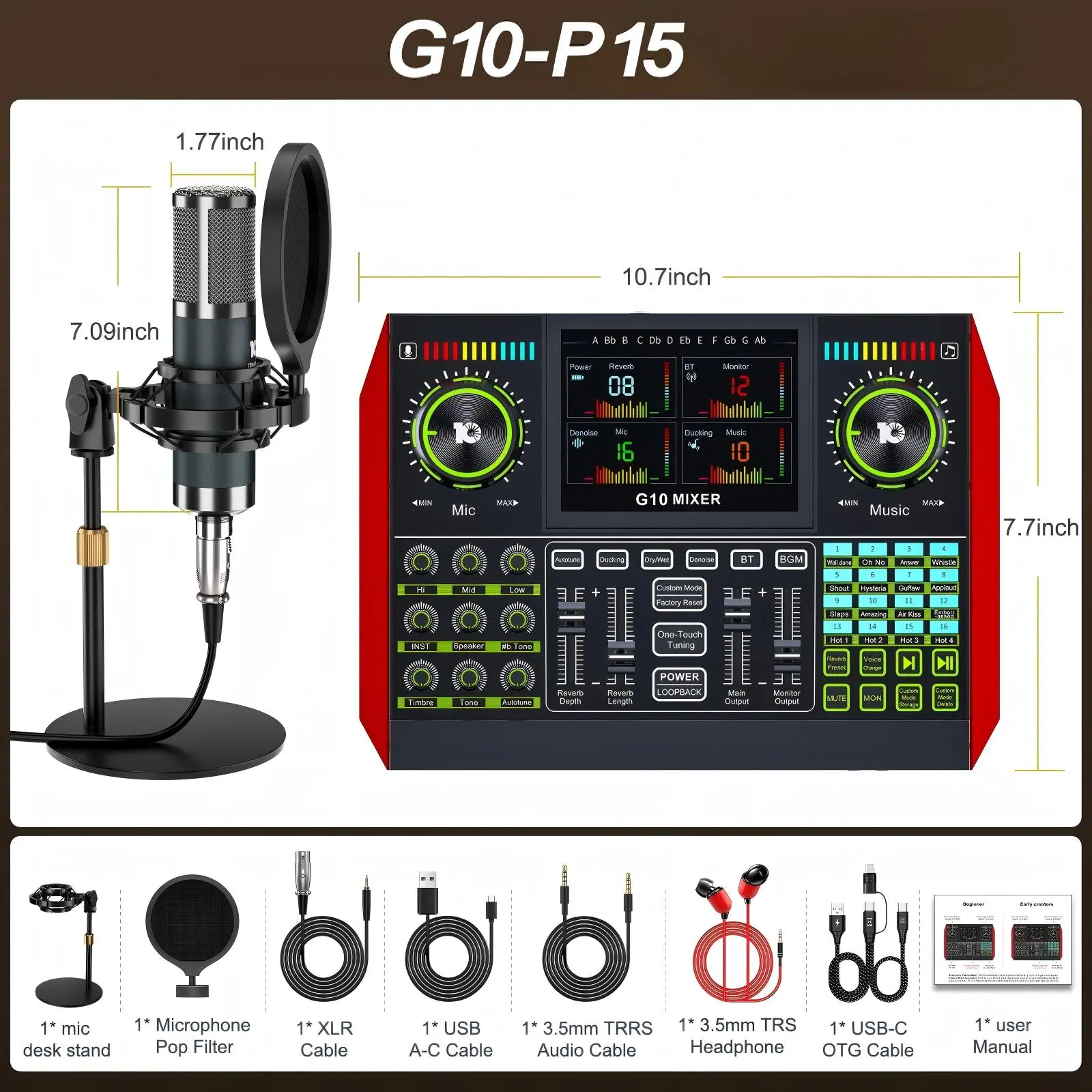 【Exclusivo en vivo】Kit de tarjeta de sonido de mezcla Tenlamp G10-P15, efectos de sonido personalizables, reducción de ruido de dos niveles, equipado con un micrófono de condensador, adecuado para transmisión en vivo, juegos, canto, podcasting y más.