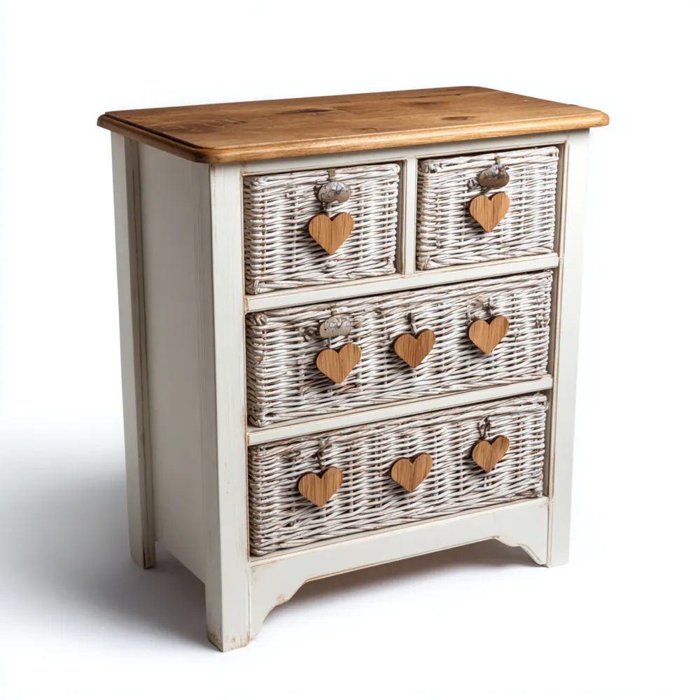 Cassettiera in Legno e Vimini 80x30x90 cm - Bianco Vintage