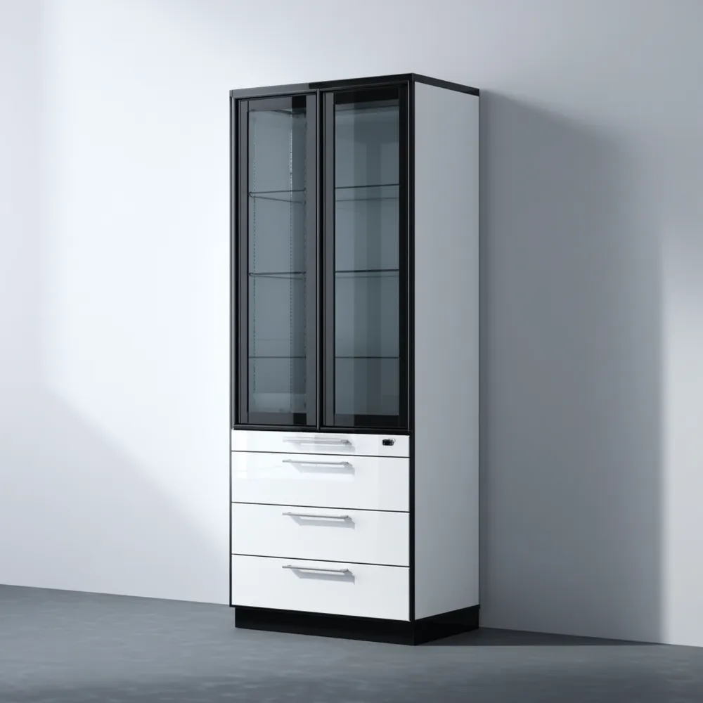 Armadio Vetrina 2 Ante Vetro 4 Cassetti 180x80x40 cm – Acciaio Nero/Bianco – Design Moderno