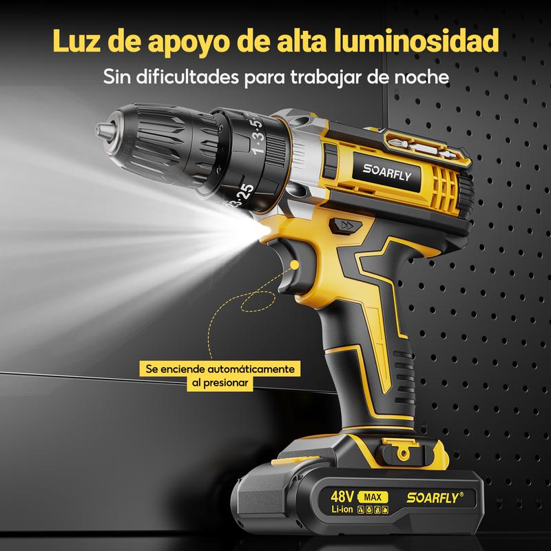 Taladro Electrico y Inalambrico de 48V, Herramienta Profesional 3 en 1, Taladro, Desatornillador y Martillo,Bateria de Larga Duracion, Motor de Alto Rendimiento, Juego con Accesorio