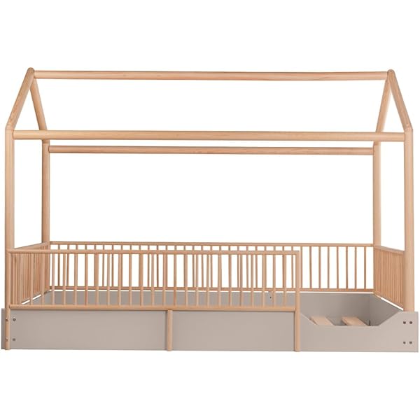 Cama Casa Montessori de Madera con Barandales (Gris Oscuro, Queen (estándar de EE. UU.)) Queen Gris oscuro