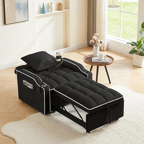 Sofá cama extraíble 3 en 1, sillón convertible individual, sofá cama de terciopelo para invitados, futón decorativo, sillón ajustable con USB, portavasos, soporte para teléfono, bolsillos laterales y almohada lumbar