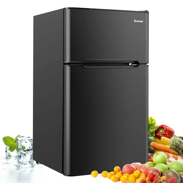 Costway Frigorífico Compacto Mini Nevera 90 L Congelador Separado con 2 Puertas Luz LED Refrigeración Rápida Ahorro Energético Silencioso Gris