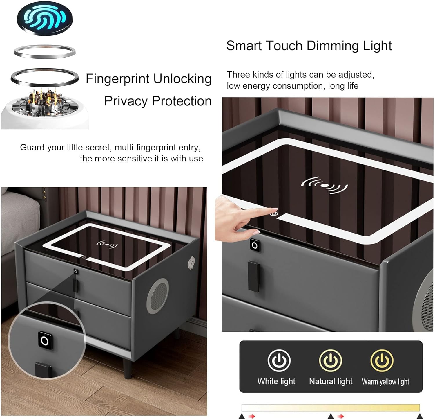 Mesita de noche inteligente con luz LED ajustable, mesita de noche moderna con altavoz Bluetooth, carga inalámbrica, puerto USB, cajón con cerradura de huellas dactilares, muebles inteligentes para cargar y cargar