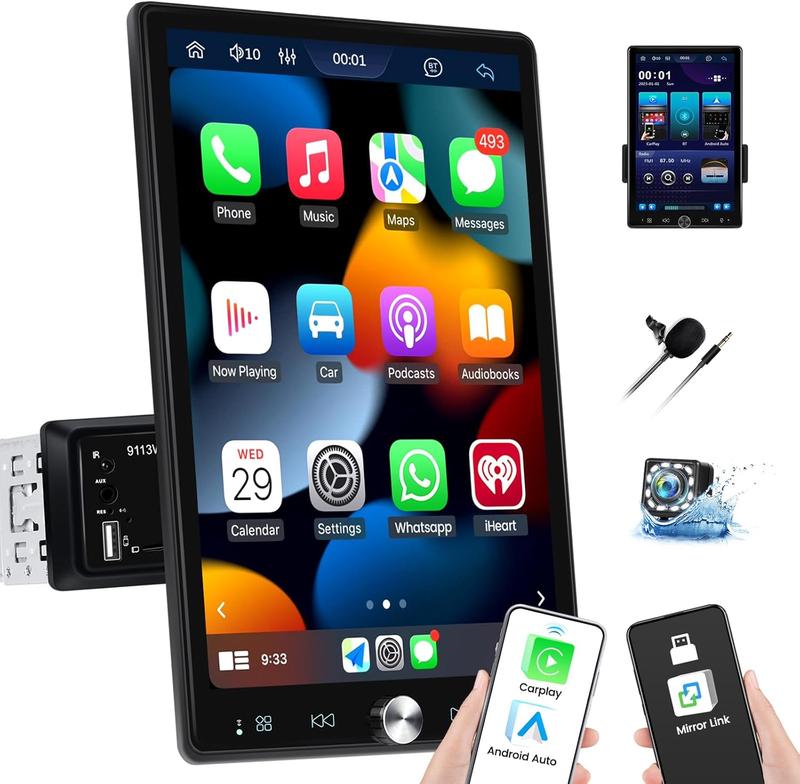 Autoestéreo de 10.4 pulgadas de un solo DIN con Carplay inalámbrico Android Auto, pantalla táctil vertical IPS 1080P, Bluetooth 5.2, cámara de reversa LED de 12 pulgadas, radio FM, USB/AUX, Mirror Link, SWC, SummerVibes fathersdaygift