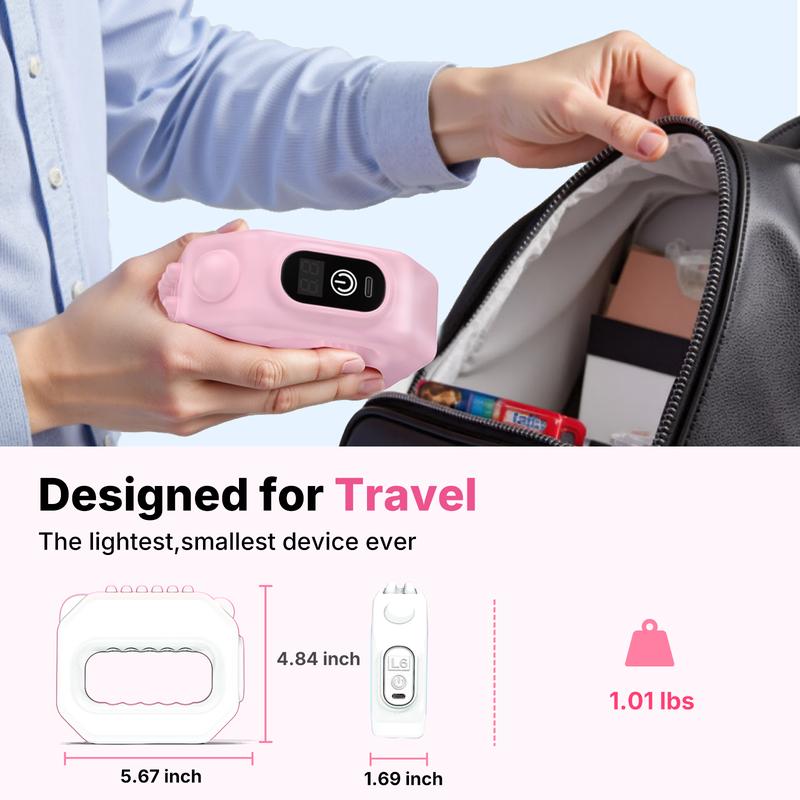 Vibrador portátil inalámbrico Merach para todo el cuerpo: 6 niveles de velocidad, masajeador percusivo de tejido profundo para aliviar los músculos del cuello y los hombros, ideal para la relajación. Diseño en rosa y gris.