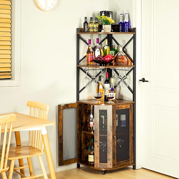 clóset de barra de esquina con luces LED, gabinete industrial de 5 niveles con soporte de vidrio, gabinete de licor de granja con estante ajustable, barra para el hogar para gabinete de bar 5-Tier Wine Cabinet