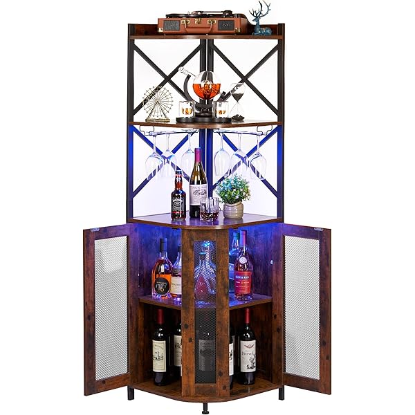 clóset de barra de esquina con luces LED, gabinete industrial de 5 niveles con soporte de vidrio, gabinete de licor de granja con estante ajustable, barra para el hogar para gabinete de bar 5-Tier Wine Cabinet