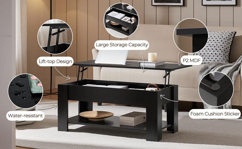 【Mother's Day Gift】Yaheetech Lift Top Coffee Table Hidden Compartment & 2 Open Shelves Multipurpose Design Gas Lift  Small Space Friendly Living Room/Office/Home Use