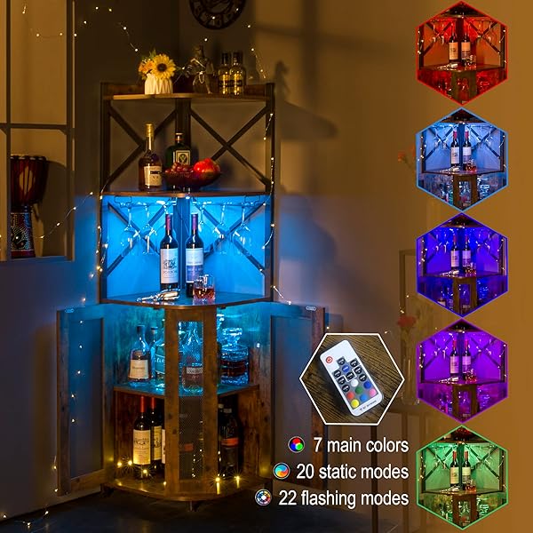 clóset de barra de esquina con luces LED, gabinete industrial de 5 niveles con soporte de vidrio, gabinete de licor de granja con estante ajustable, barra para el hogar para gabinete de bar 5-Tier Wine Cabinet