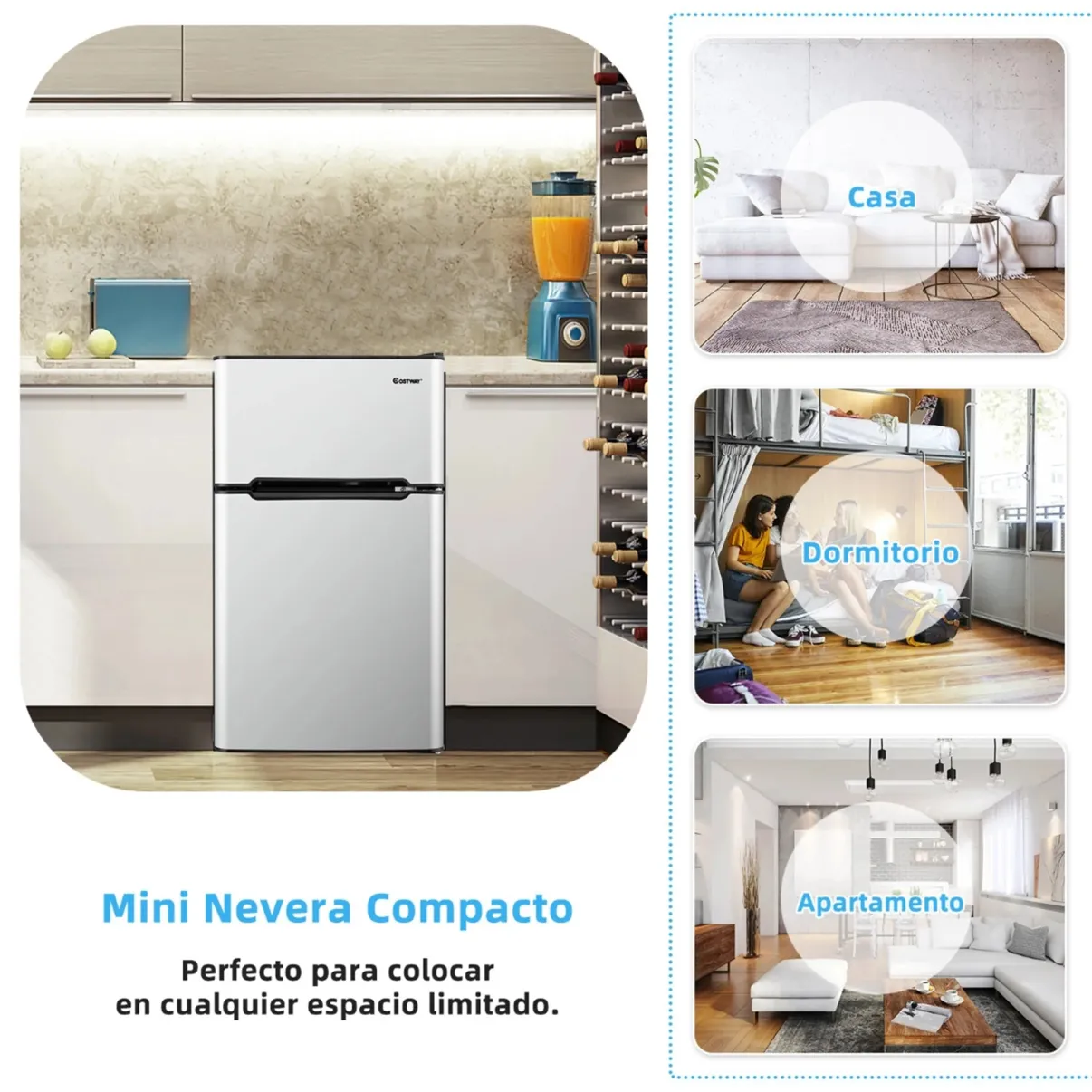 Costway Frigorífico Compacto Mini Nevera 90 L Congelador Separado con 2 Puertas Luz LED Refrigeración Rápida Ahorro Energético Silencioso Gris