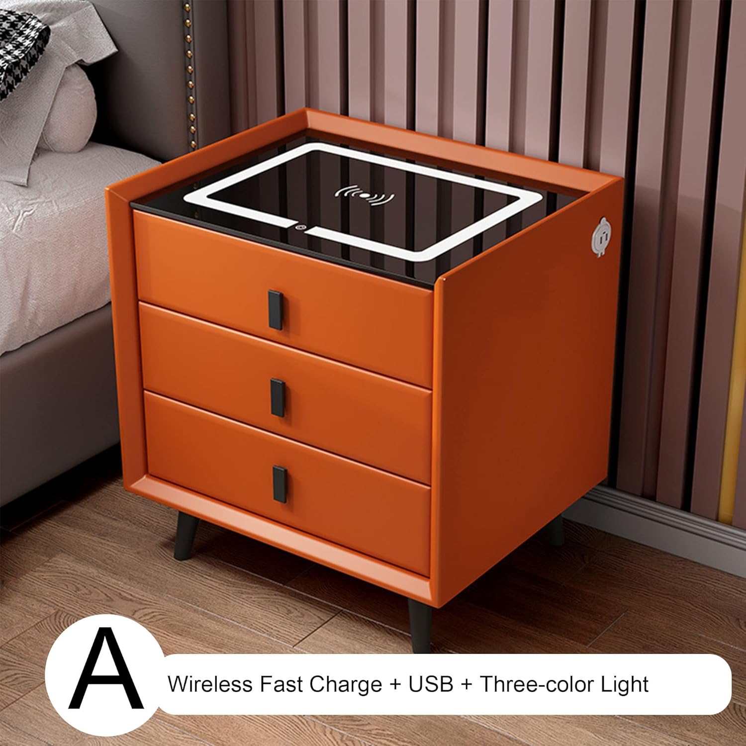 Mesita de noche inteligente con luz LED ajustable, mesita de noche moderna con altavoz Bluetooth, carga inalámbrica, puerto USB, cajón con cerradura de huellas dactilares, muebles inteligentes para cargar y cargar