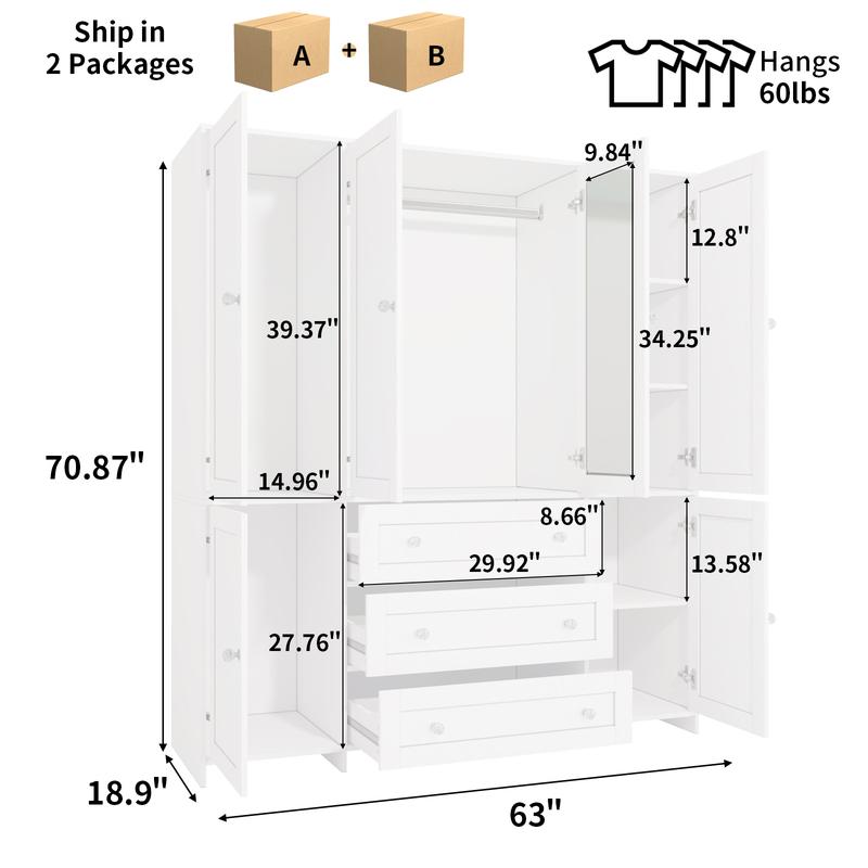 Armario alto de madera VOWNER de 4 puertas para dormitorio, organizador con amplios cajones, espejo, barras para colgar ropa y estantes. Armario de almacenamiento de ropa para dormitorio.
