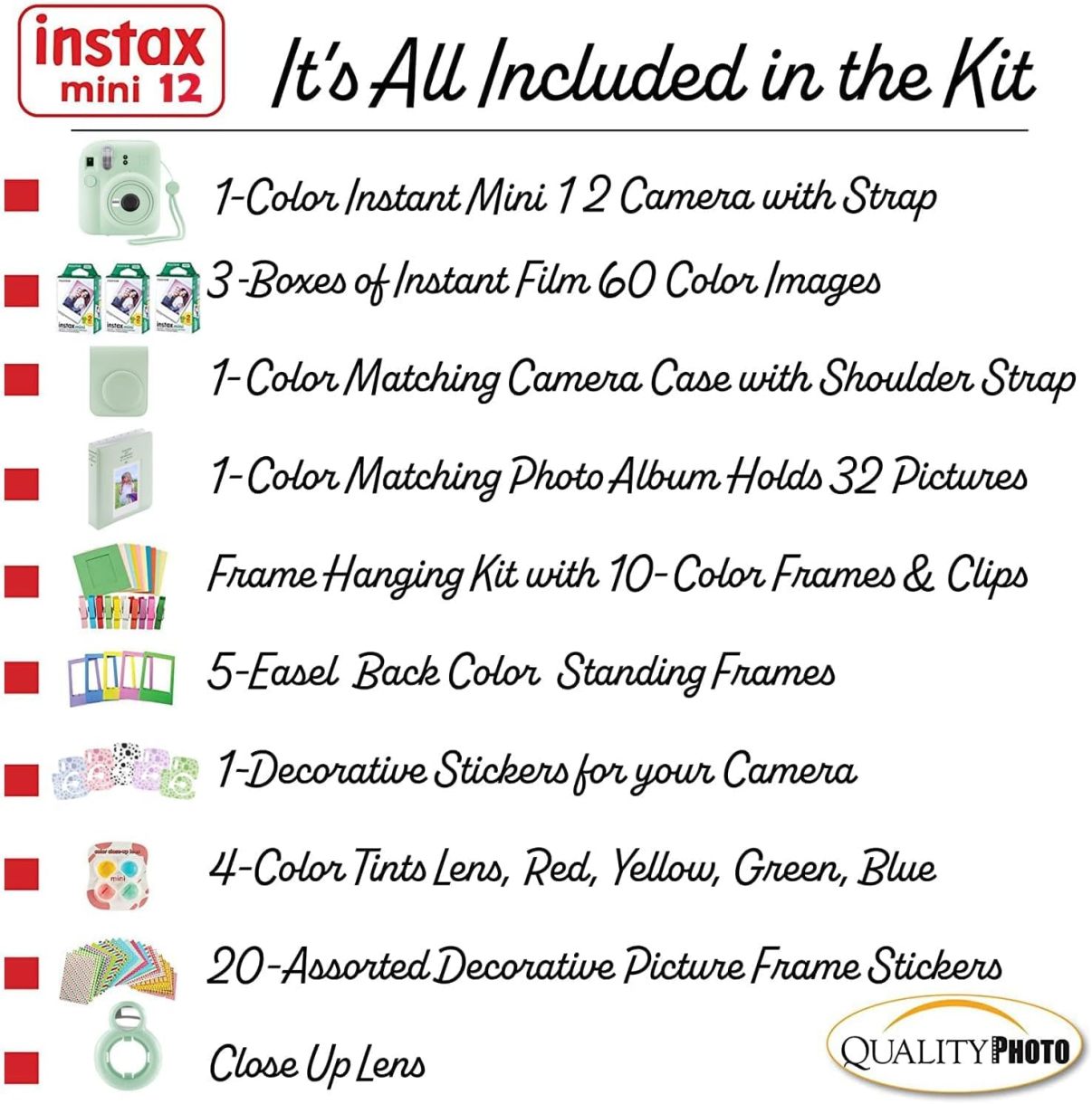 Fujifilm Instax Mini 12 cámara instantánea + 60 impresiones fotográficas + paquete de calidad para fotos, estuche, pegatinas decorativas, marcos, álbum de fotos, verde menta