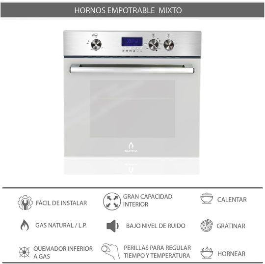 empotrable Zenit, Parrilla a gas de 5 quemadores para empotrar Mod. ZEGNA, Campana extractora de pared Mod. CC-76,Horno en acero inoxidable con cristal templado Mod. SILVER VORTEX