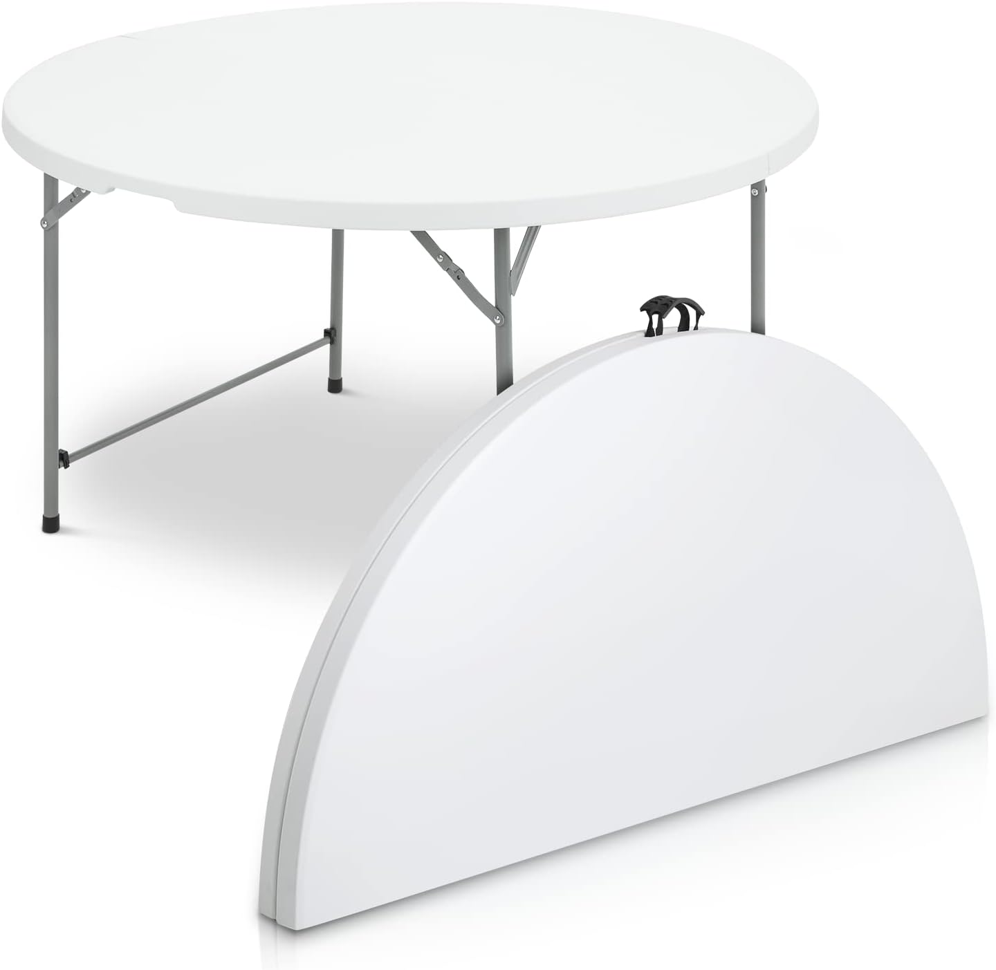 Mesa plegable redonda de 4.5 pies, mesa de comedor de plástico para interiores y exteriores con asa y cerradura para picnic, fiesta, banquete, boda, color blanco