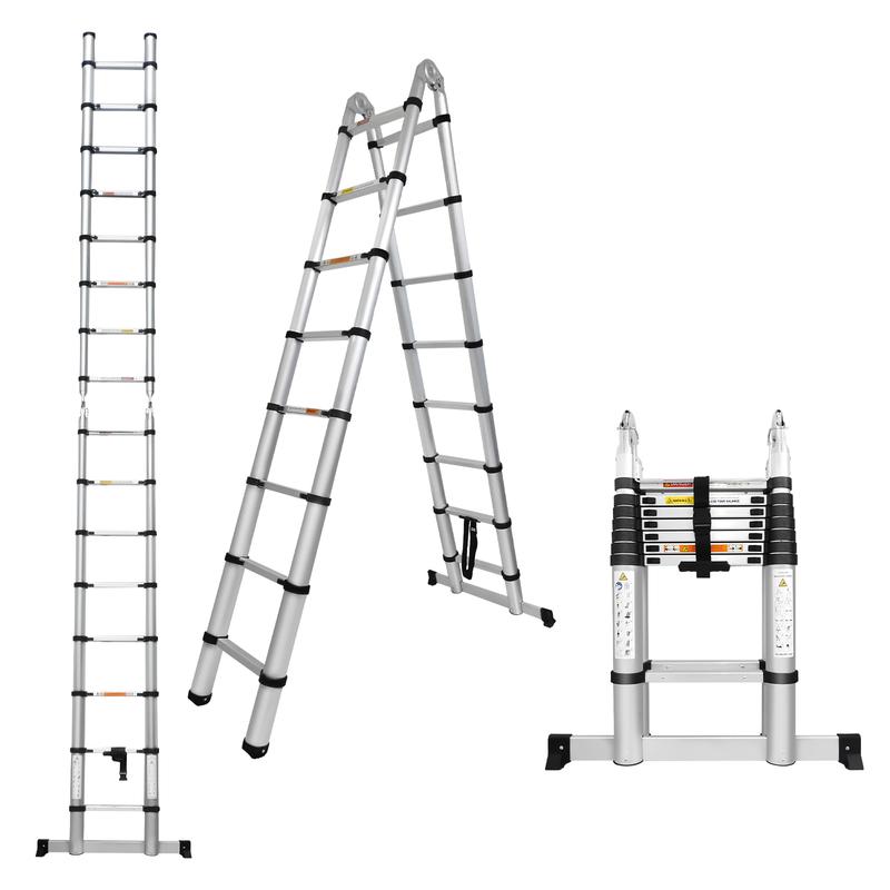 Escalera telescópica de aluminio con estructura en A, plegable, con barra estabilizadora y patas antideslizantes, capacidad de carga máxima de 330 libras, para el hogar y la oficina (6.2+6.2 pies / 8.2+8.2 pies).