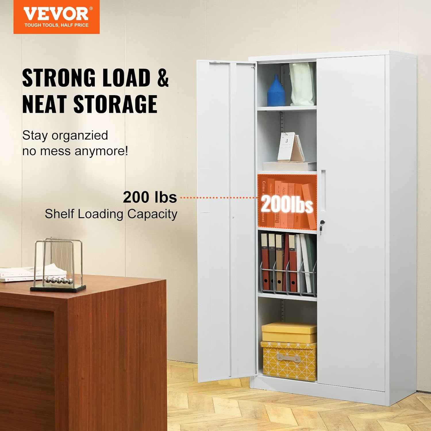 Metal Storage Cabinet with Wheels, 75'' Locking Steel Storage Cabinet with 2 Magnetic Doors and 4 Adjustable Shelves for Office, Garage, Home