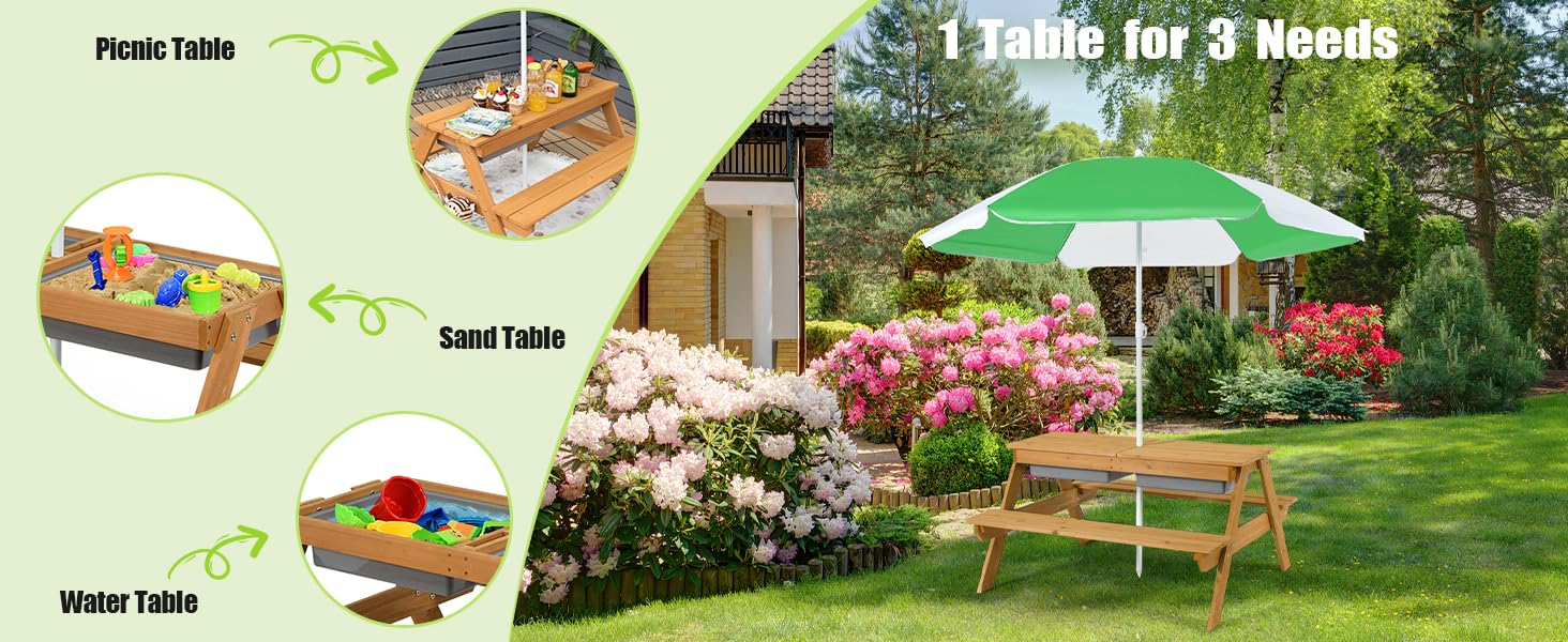 Costzon Kids Picnic Table w/Height Adjustable Umbrella,Indoor & Outdoor, Sand & Water Table for Garden, Backyard, Patio, dealsforyou